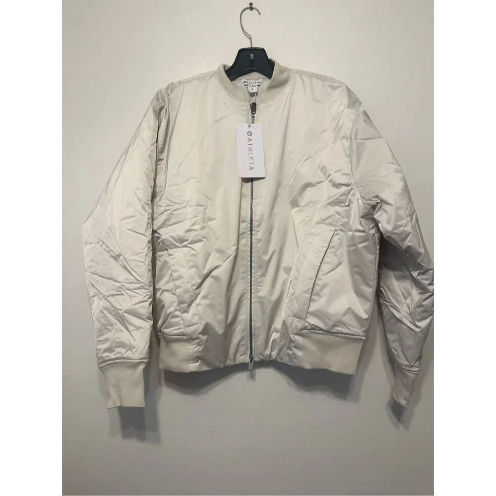 Women's Athleta satin water repellent bomber jacket in ivory, size M, NWT - Picture 1 of 10